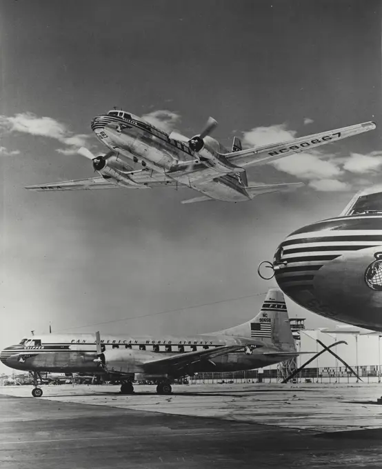 Vintage photograph. Pan American World Airways newest turbine engine clipper seen taking off