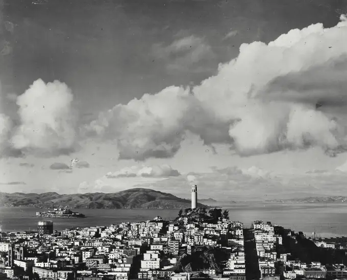 Vintage photograph. Coit Tower and Telegraph Hill in San Francisco with Alcatraz to the left