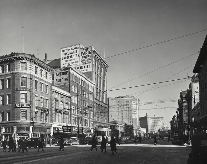 Vintage photograph. Portage Avenue, Winnipeg, looking east from Smith St.