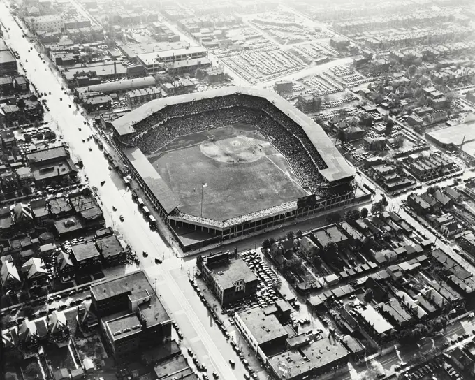 Vintage photograph. Aerial view of a baseball stadium, Sportsman's Ball Park, St. Louis, Missouri, USA