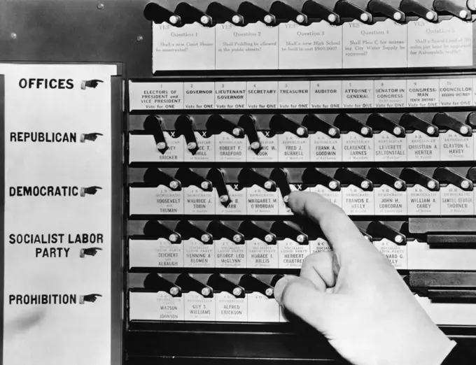 Close-up of a person's hand pushing lever of a voting machine