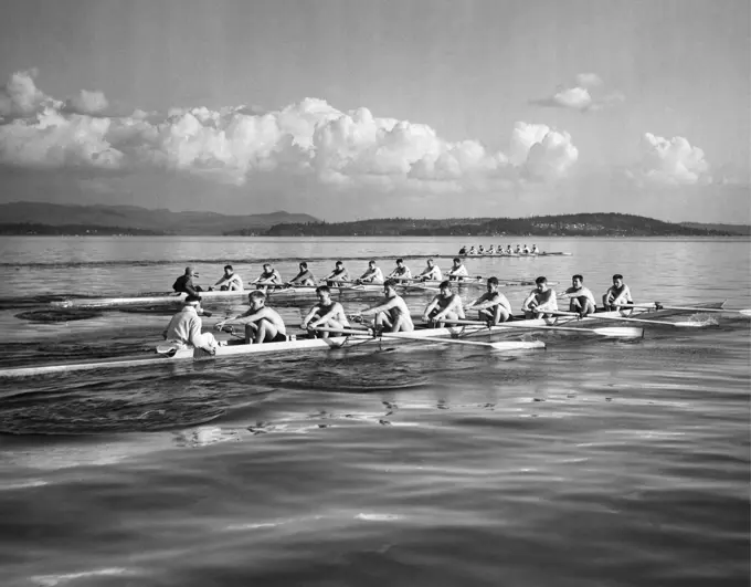 Group of men rowing rowboats in a sweep rowing race, Lake Washington, Washington, USA