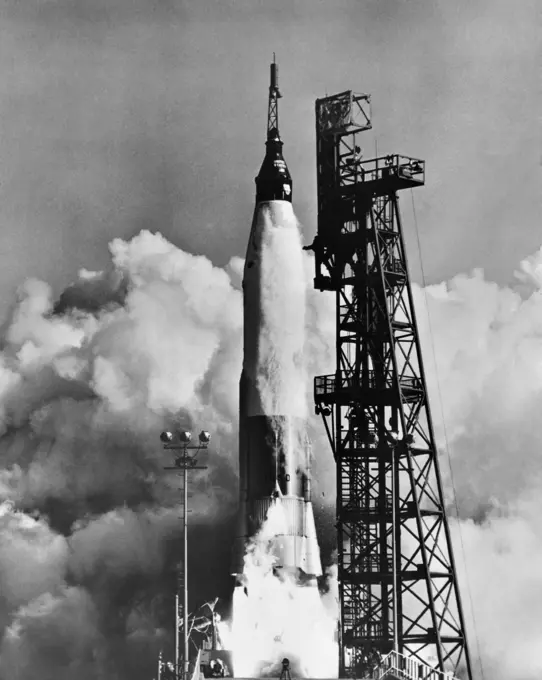 Low angle view of a spacecraft taking off from a launch pad, Mercury-Atlas 6, Cape Canaveral, Florida, USA, February 20, 1962