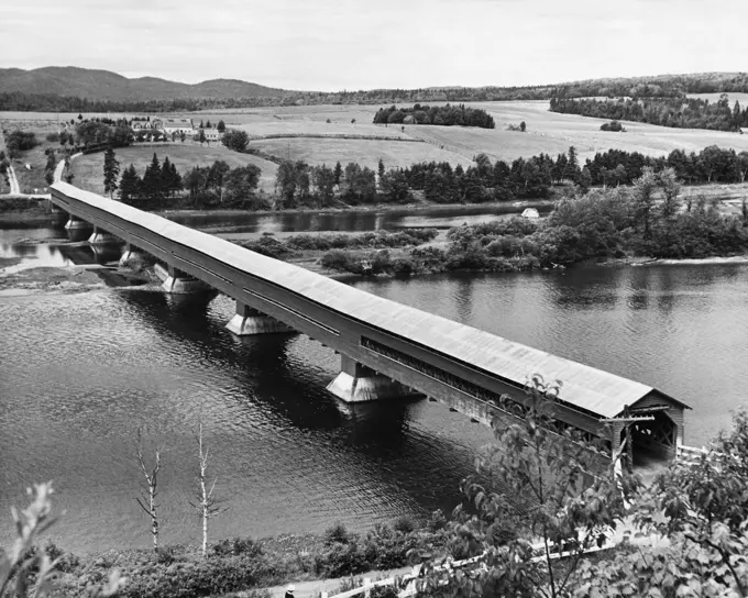 High angle view of a covered bridge across a river, Hartland Bridge, New Brunswick, Canada