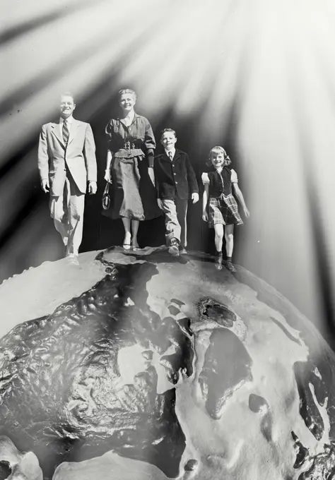 Vintage Photograph. Family walking on top of globe with light rays coming from top