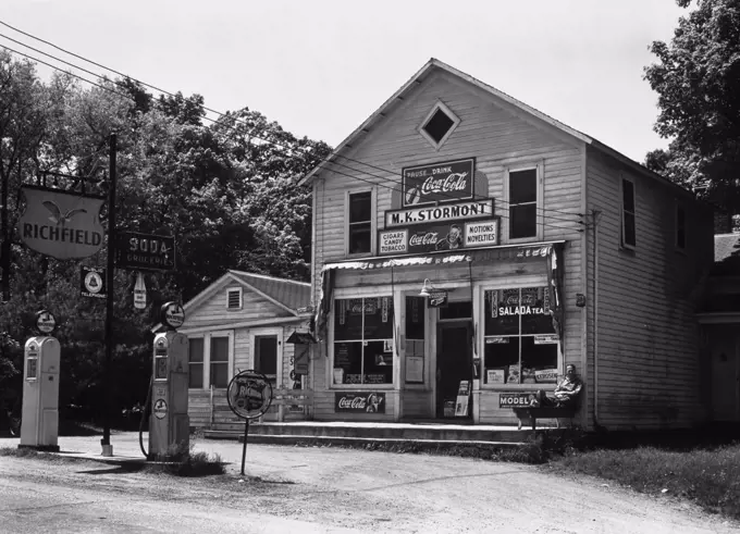 Fuel pumps in front of a store, Phillipsport, New York City, New York State, USA