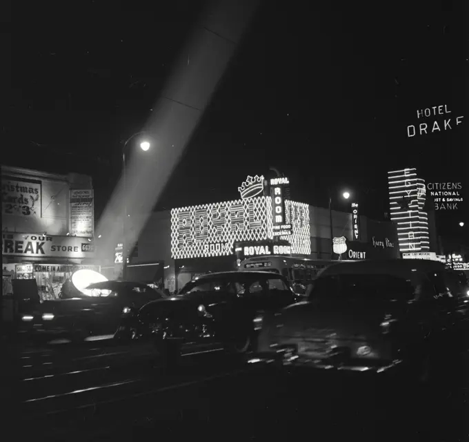 Vintage Photograph. Traffic on Hollywood Blvd on opening night at the Egyptian Theatre, Los Angeles, California