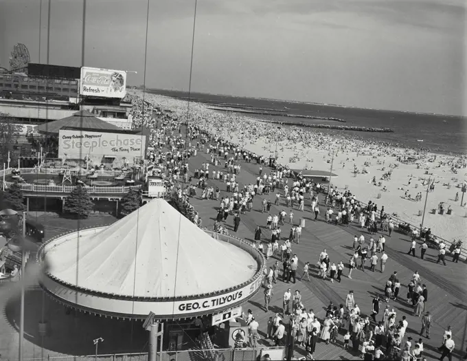 Vintage Photograph. General view of boardwalk, beach, and Steeplechase Park, Coney Island, New York