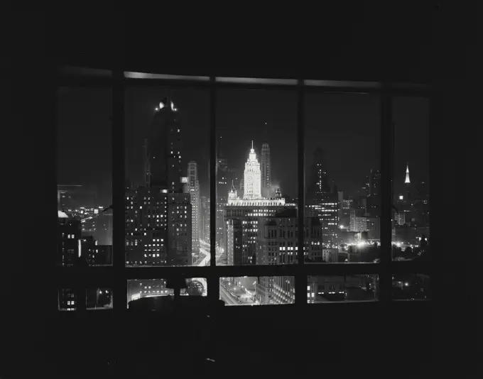 Vintage Photograph. Night skyline view from Allerton Hotel, Chicago, Illinois