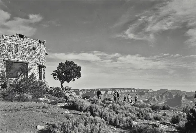 Vintage Photograph. Tourists along the rim of the Grand Canyon.