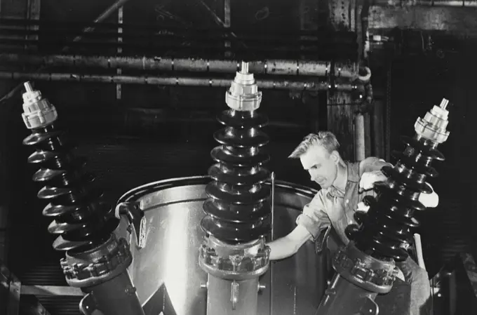 Vintage photograph. Bushings on the mobile transformer unit built by general electric company