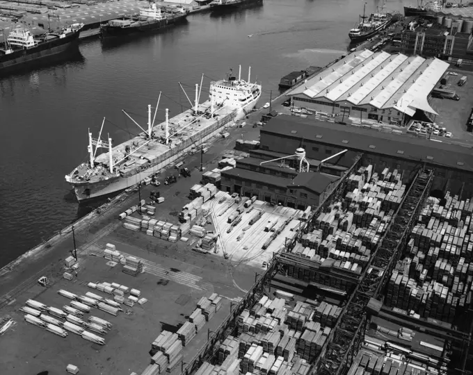 High angle view of a cargo ship at a harbor, Port Newark-Elizabeth Marine Terminal, New Jersey, USA