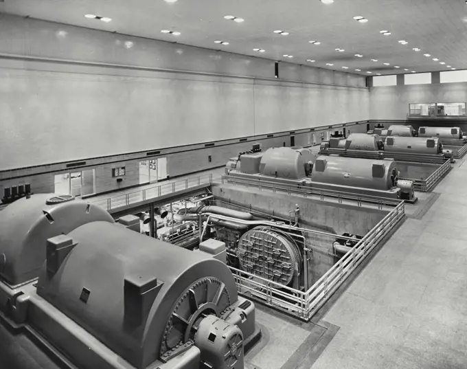 Vintage photograph. Turbine room of the Dayton Power and Light Company, the OH Hutchings Generating Station