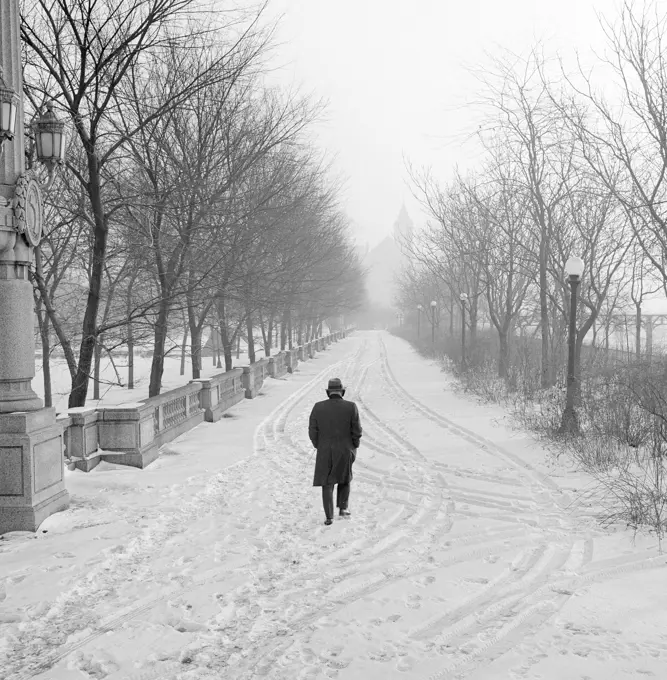 Lonely man walking in winter park