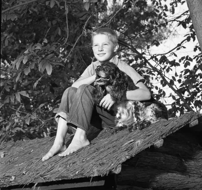 Boy embracing dog on shed roof