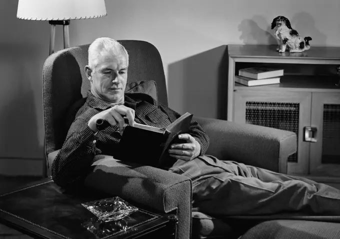 Senior man sitting in armchair and reading book