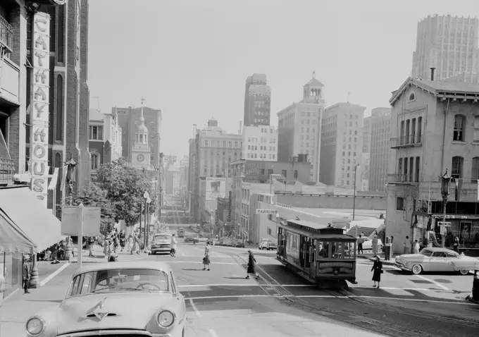 USA, California, San Francisco, Chinatown, Cable cars on California Street, car in foreground is on Grant Street