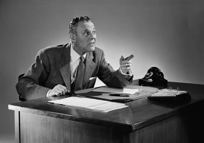 Businessman sitting near desk and pointing