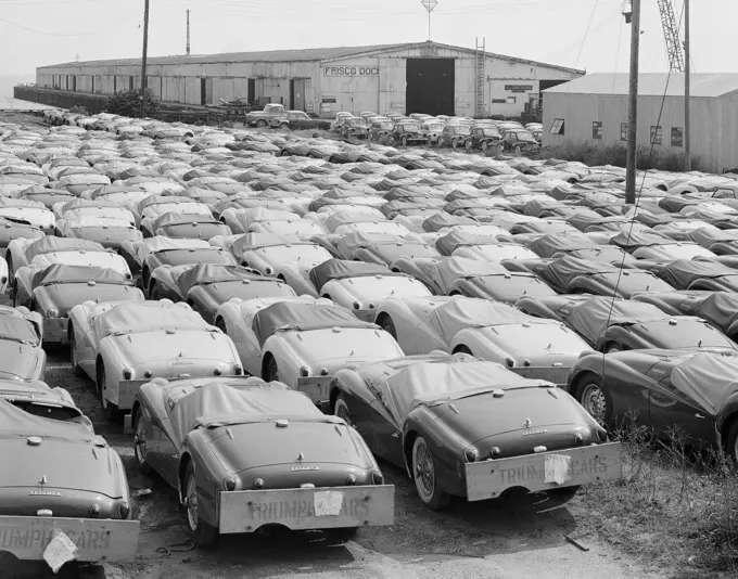 USA, California, San Francisco, Triumph cars from England at Frisco Dock