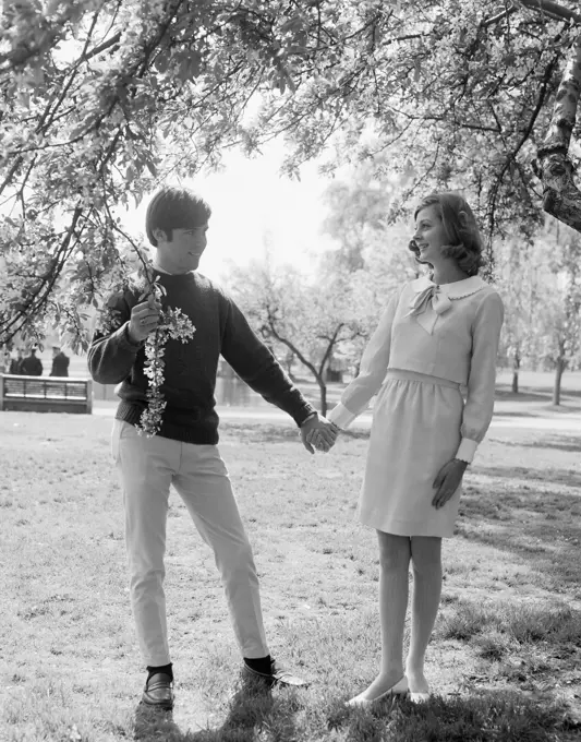 Young couple standing under tree holding hands