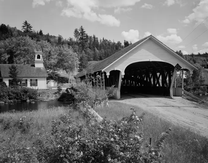 USA, New Hampshire, Stark, covered bridge and Methodist Church