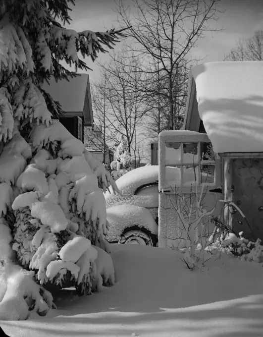 Car covered in snow, partially in garage