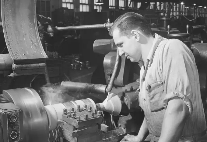 High speed turning on a turret lathe.  Worthington Pump & Machinery Corp.  Harrison, New Jersey.