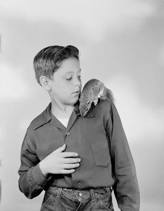 Boy playing with tamed squirrel