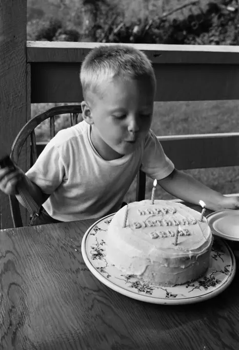 Boy blowing candle on birthday cake