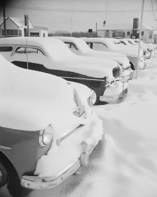 Cars covered with snow in winter