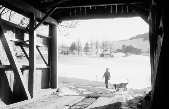 USA, Pennsylvania, Columbia County, Orangeville, silhouette of boy and dog near covered bridge