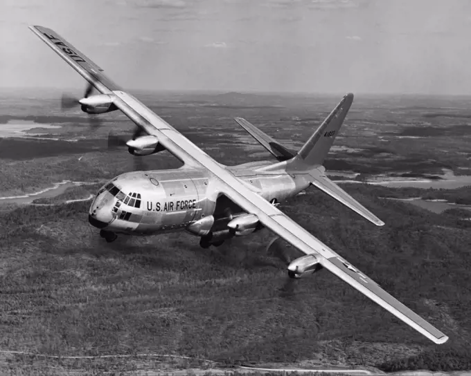 High angle view of a military airplane, C-130E Hercules