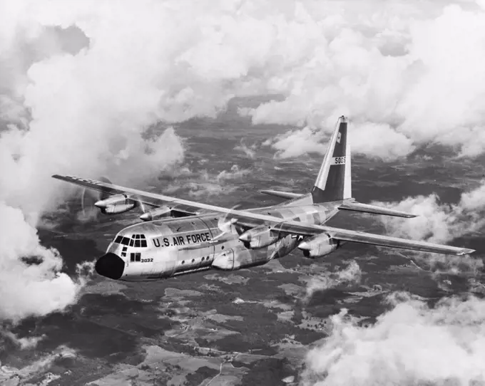 High angle view of a military airplane in flight, C-130 Hercules