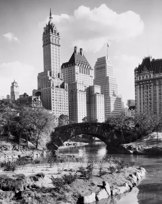 Low angle view of skyscrapers, Central Park, New York City, New York, USA