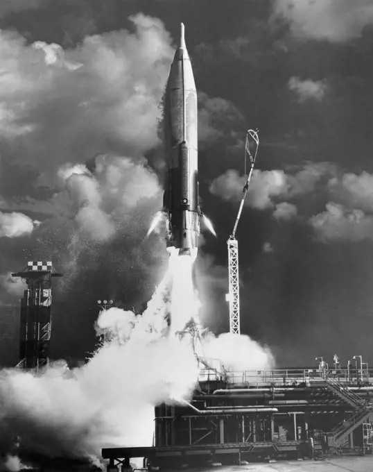 Missile taking off from a launch pad, Atlas Missile, Cape Canaveral, Florida, USA