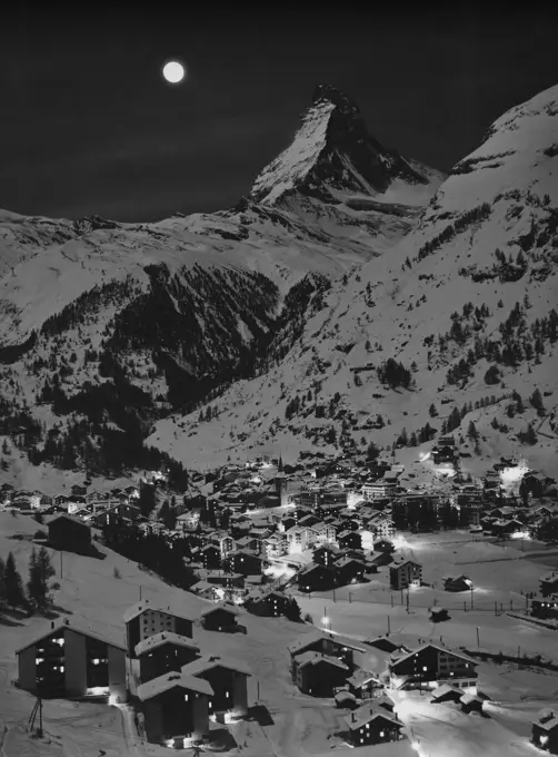 High angle view of a village lit up at night, Matterhorn, Switzerland