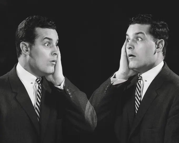 Images of a businessman with surprised facial expressions