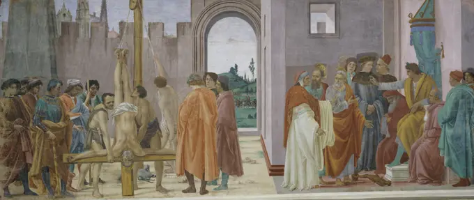 Crucifixion of St. Peter/St. Peter and St. Paul Dispute with Simon the Magician before Nero  Filippino Lippi (1457/1458-1504/ Italian)  The Brancacci Chapel, Santa Maria del Carmine, Florence 