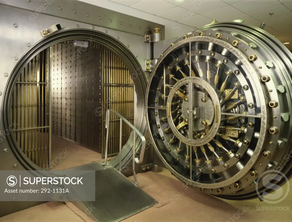 Close-up of an open bank vault in a bank