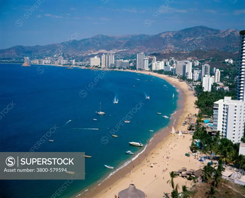 Aerial view of tourists on the beach, Condesa Beach, Acapulco, Mexico