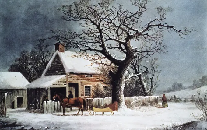 American Winter Scene, A Country Cabin Currier & Ives (1834-1907 American)