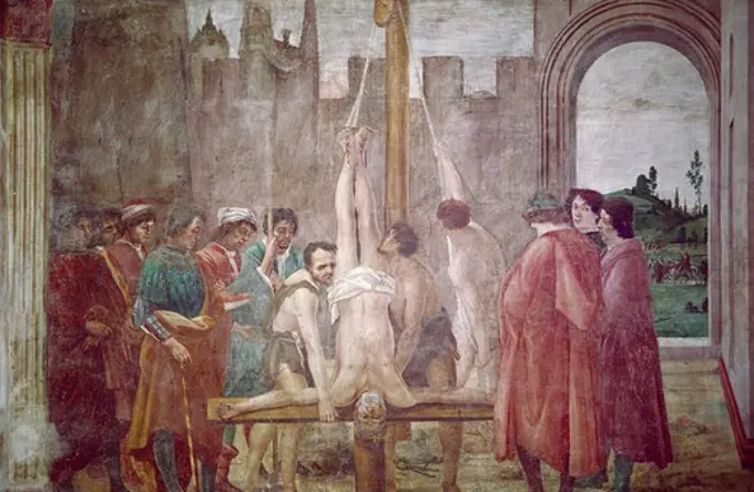 Crucifixion of St. Peter by Masaccio from Life of St. Peter cycle,  fresco,  1425-28,  (1401-1428),  Italy,  Florence,  Santa Maria del Carmine,  Brancacci Chapel