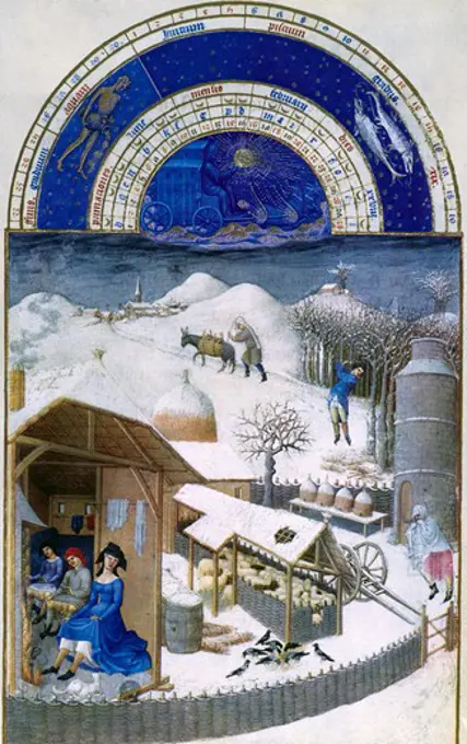 Winter on the Farm, by Limbourg Brothers, 15th Century, 1385-1416