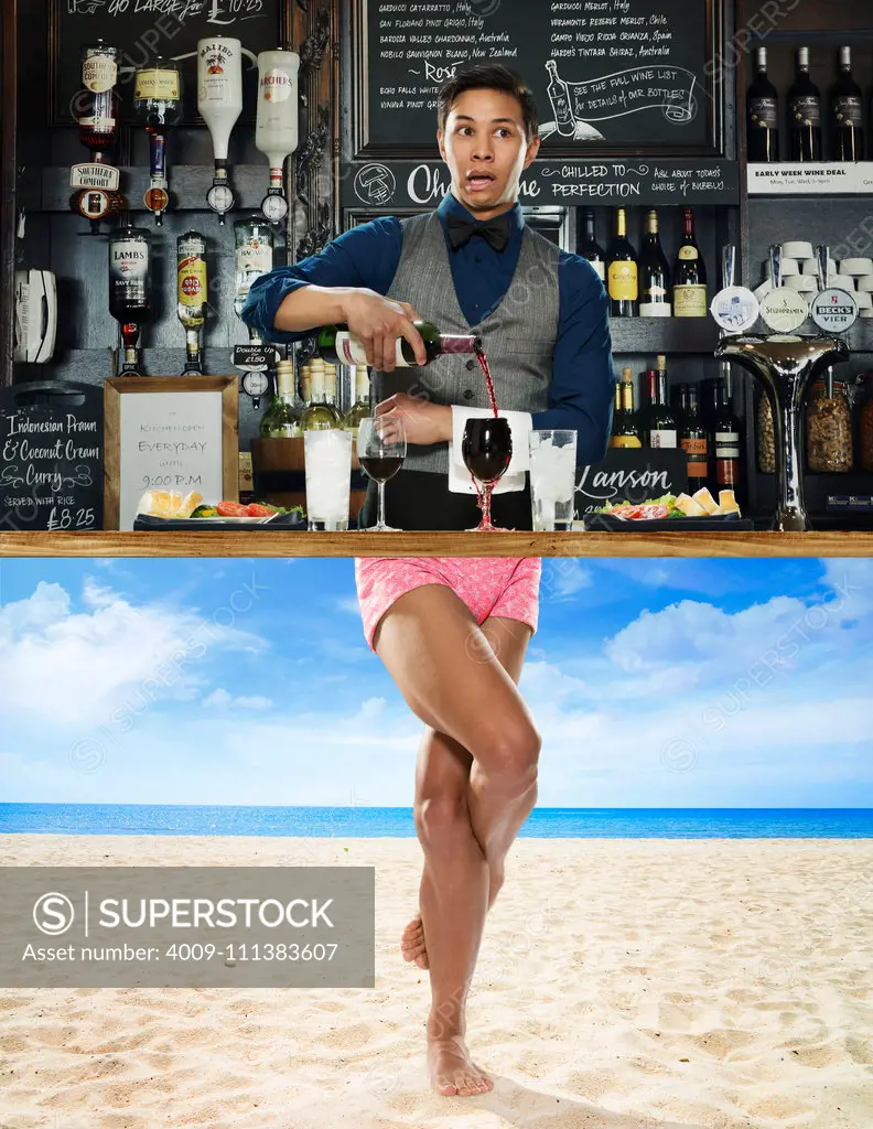 Split screen of bartender with attitude and yoga pose on beach