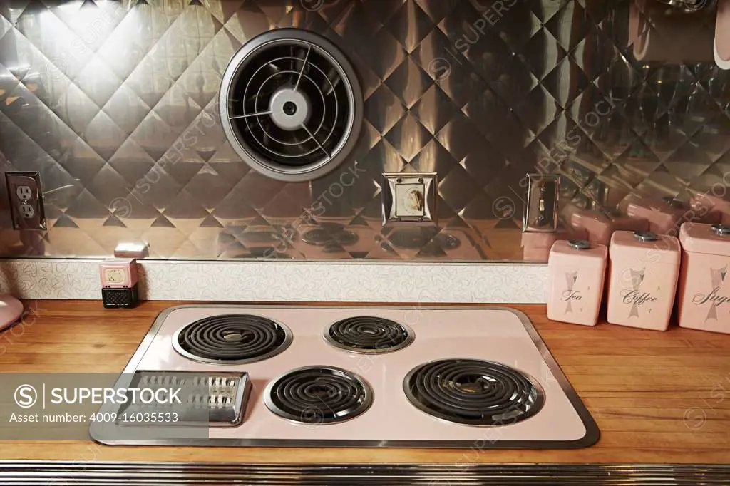 Vintage stove-top in a retro style kitchen.