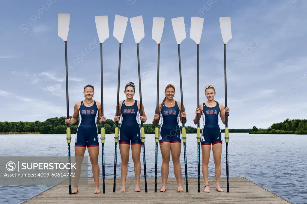 Portrait of the US W4X 2024 Olympic rowers, Grace Joyce, Teal Cohen, Emily Delleman, Lauren O'Connor, at the US Women's Rowing training facility in Princeton, NJ