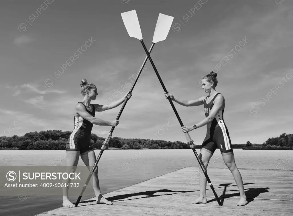 B&W Portrait of US Olympic Women's Pair teammates, Molly Reckford and Michelle Sechser at the US Women's Rowing training facility in Princeton, NJ