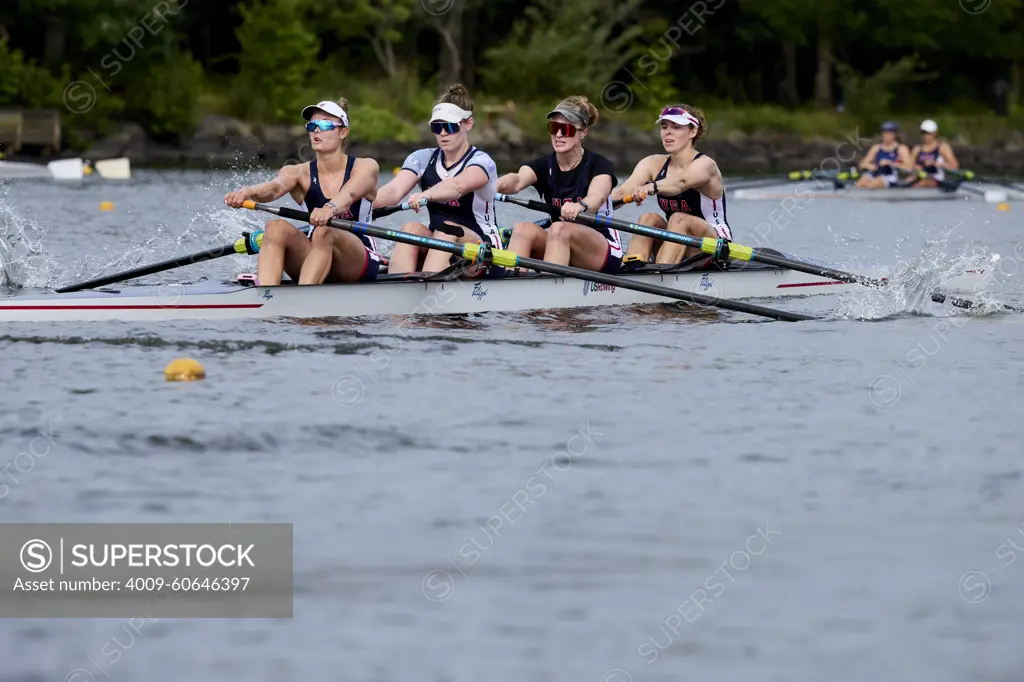 USA 2024 Olympic 4- Women's rowers train at the US Women's Rowing facility in Princeton, NJ. Kaitlin Knifton, Mary-Mazzio-Manson, Kelsey Reelick and Emily Kallfelz,