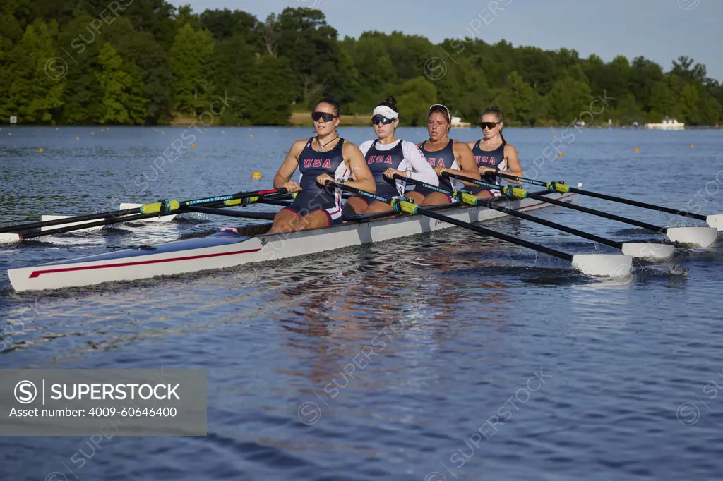 US W4X 2024 Olympic rowers, Lauren O'Connor, Teal Cohen, Emily Delleman, Grace Joyce, training at the US Women's Rowing facility in Princeton, NJ