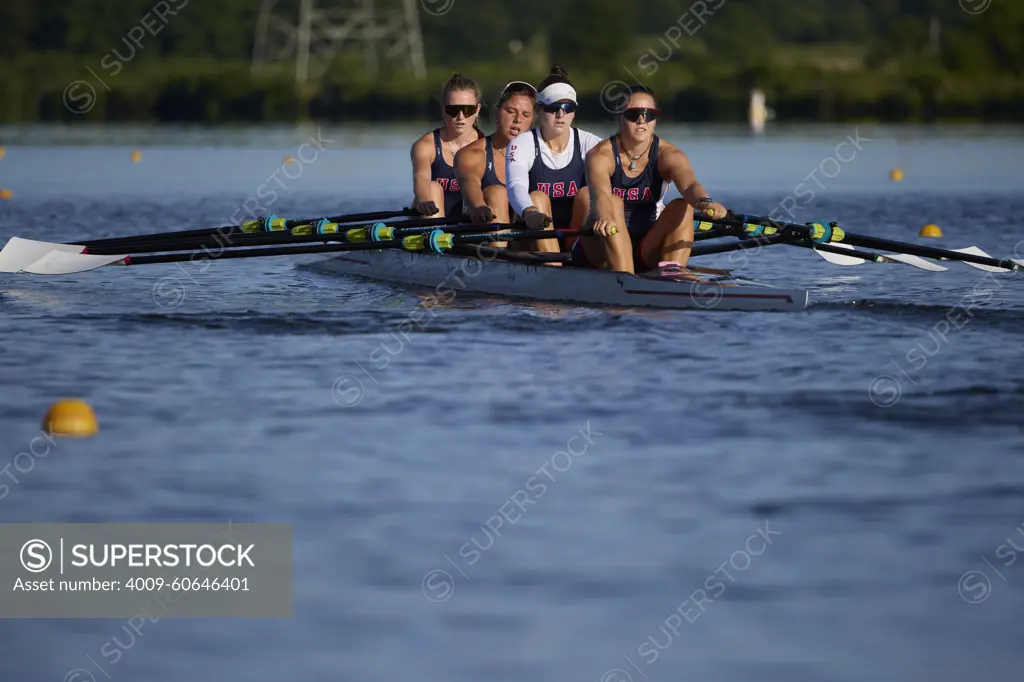 US W4X 2024 Olympic rowers, Lauren O'Connor, Teal Cohen, Emily Delleman, Grace Joyce, training at the US Women's Rowing facility in Princeton, NJ